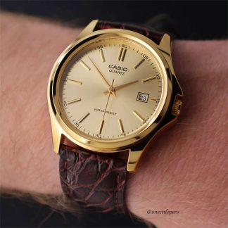 Casio MTP-1183Q-9a cuero piel cocodrilo vino marrón clasico dorado unestilo