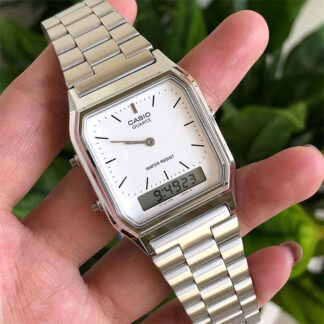 casio aq-230a-7d retro blanco análogo digital unisex