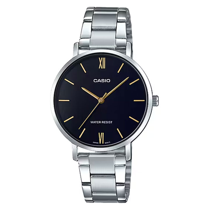reloj Casio LTP-VT01D-1B plateado negro acero mujer romanos