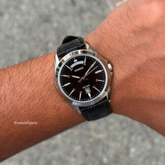 reloj casio MTP-1370L-1A cuero negro texturizado elegante dateday