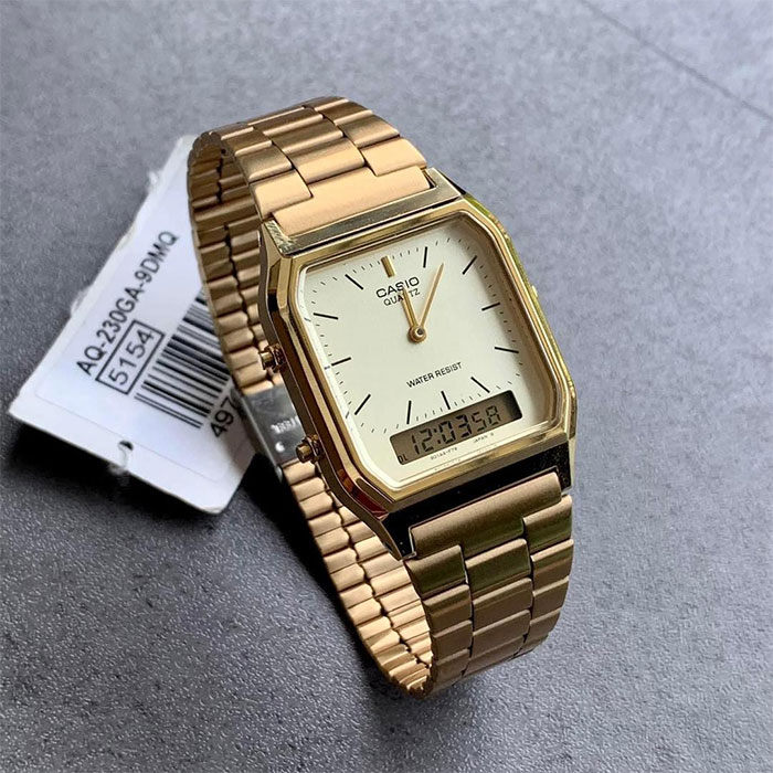 reloj casio aq-230ga-9 dorado analógico digital vintage