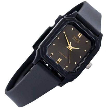 reloj casio lq-142e-1a color todo negro con detalles dorado para mujeres