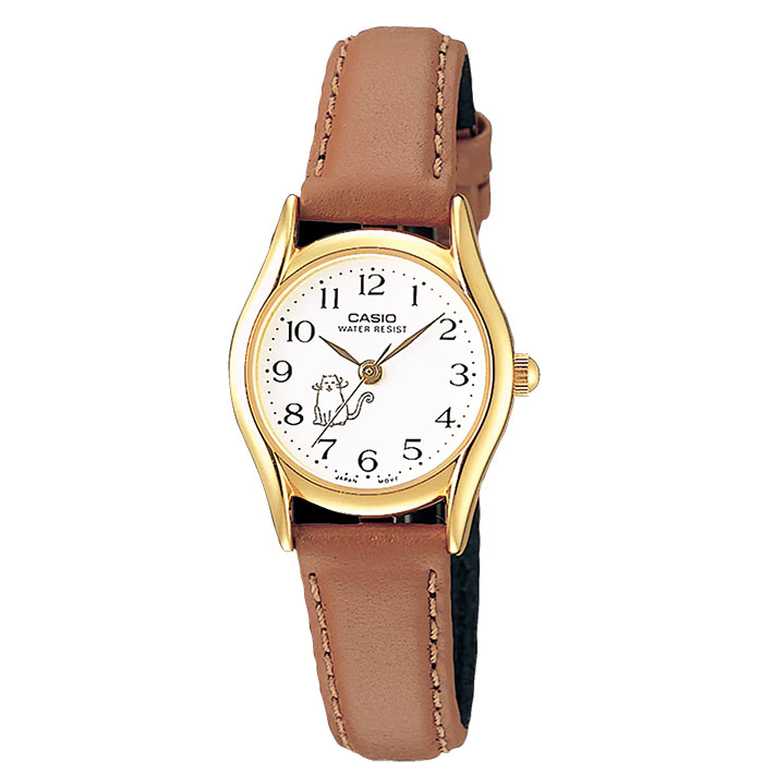 reloj Casio ltp-1094q-7b8 delicado de cuero marrón con dorado y diseño de gatito