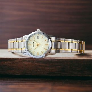 reloj casio ltp-v002sg-9a bicolor plateado dorado minimalista elegante mujer