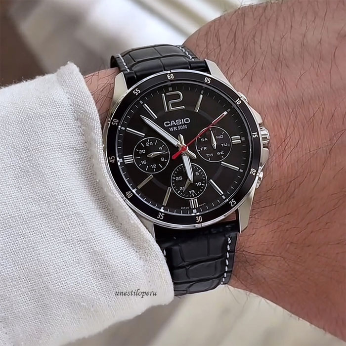 reloj Casio mtp-1374L caballero elegante cronógrafo cuero negro
