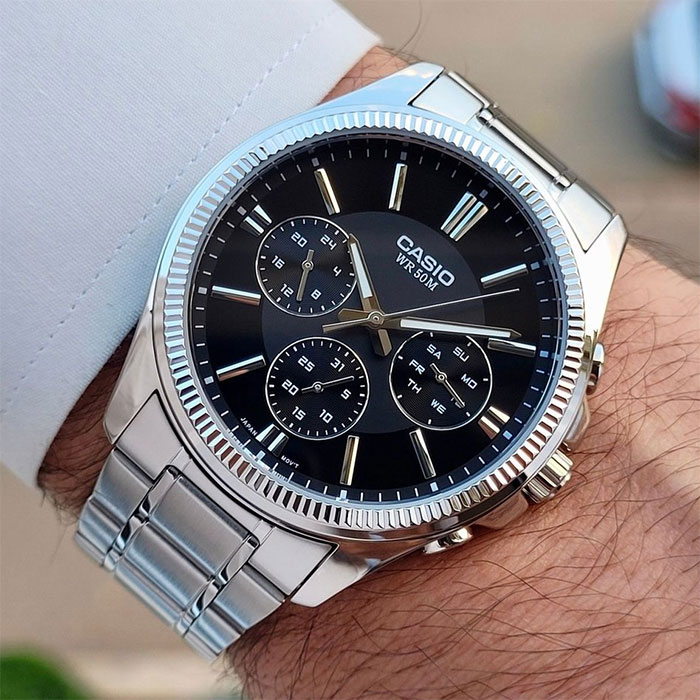 reloj Casio mtp-1375d-1a acero negro con calendario para caballero