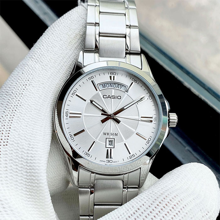 reloj casio mtp-1381d-7a acero hombre date-day plateado regalo