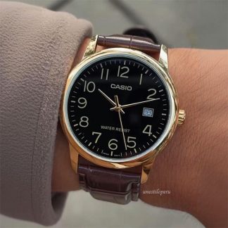 reloj Casio mtp-v001gl-1b marrón dorado elegante calendario hombre