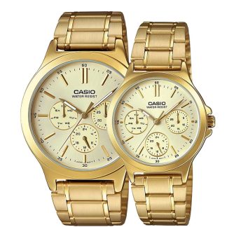 relojes Casio mtp-v300g-9a y ltp-v300g-9a de pareja color dorado en acero y calendario