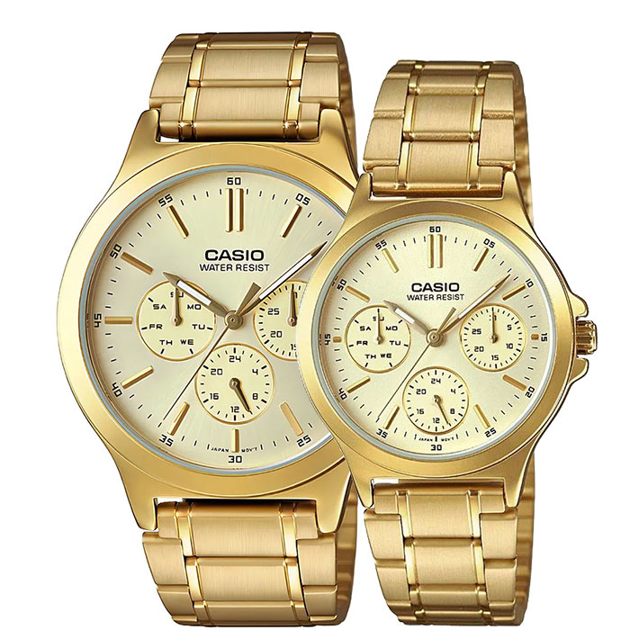 relojes Casio mtp-v300g-9a y ltp-v300g-9a de pareja color dorado en acero y calendario