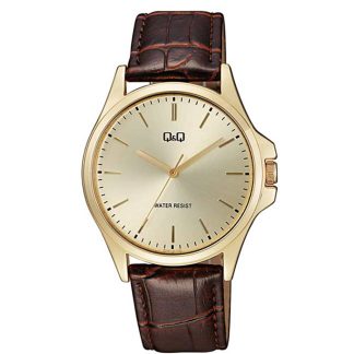 reloj q&q C36A-010PY cuero hombre marrón vino dorado clásico