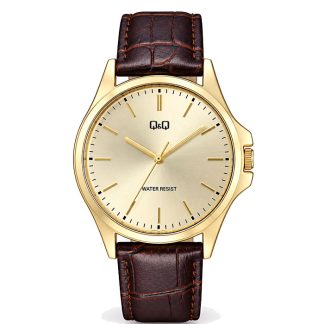reloj q&q C36A-010PY cuero hombre marrón vino dorado clásico elegante