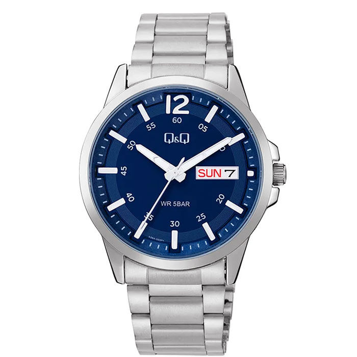 Reloj Q&Q A36A-003PY plateado con esfera azul, día y fecha, movimiento de cuarzo japonés y resistencia al agua 50 m.