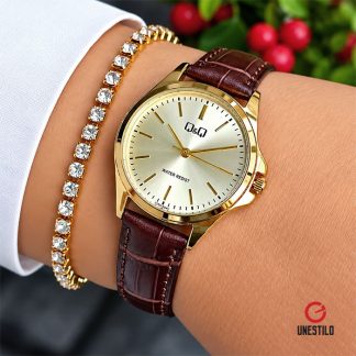 reloj q&q c37a-009py cuero marrón vino dorado mujer