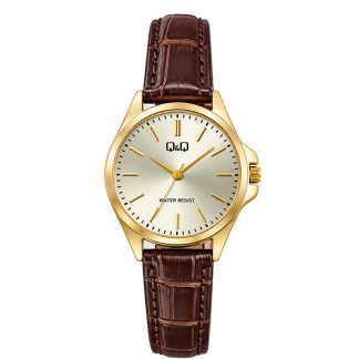 reloj q&q c37a-009py mujer cuero cocodrilo de correa marrón vino y esfera dorado