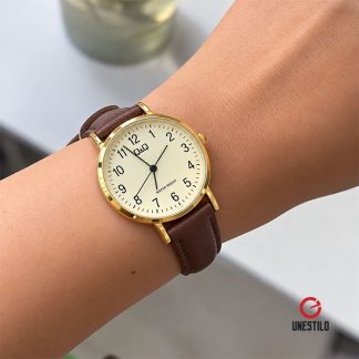 reloj q&q c66a-001py dama cuero marrón dorado casual elegante
