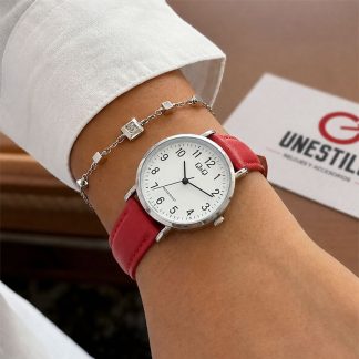 reloj q&q c66a-004py casual mujer cuero rojo clasico elegante