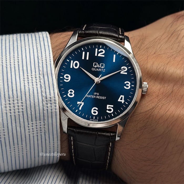 reloj q&q cuero c214j315y azul negro hombre elegante