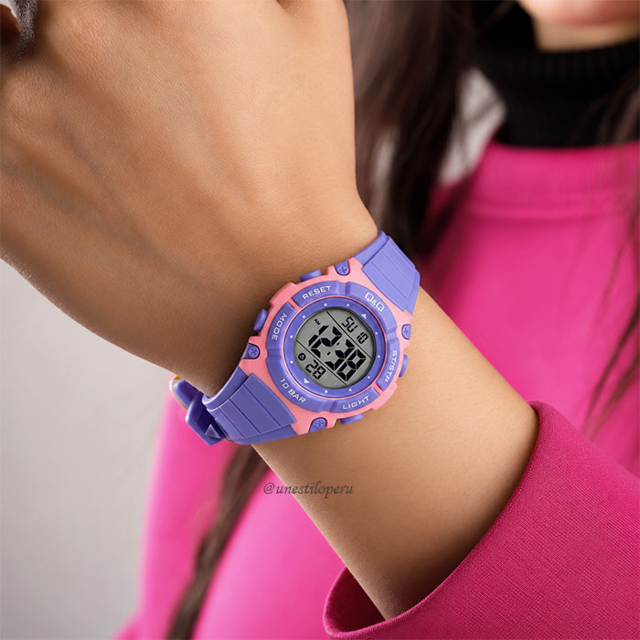 reloj q&q m187j003y lila rosado digital juvenil acuático 100m