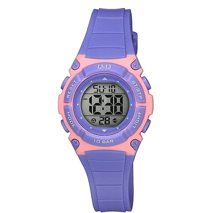 reloj q&q m187j003y lila rosado para niña acuático digital