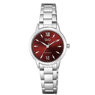 reloj qq para mujer Q11A-003py color plateado y fondo rojo carmesí con números romanos de estilo elegante