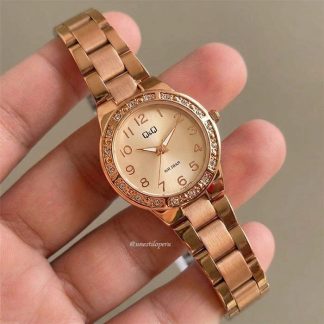 reloj q&q q11b-500py oro rosa acero dama elegante cristales