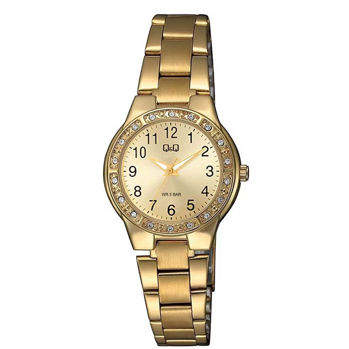 reloj qq q11b-501py dorado elegante cristales mujer