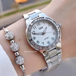 reloj qq q691-214 plateado de pulsera para mujer con cristales