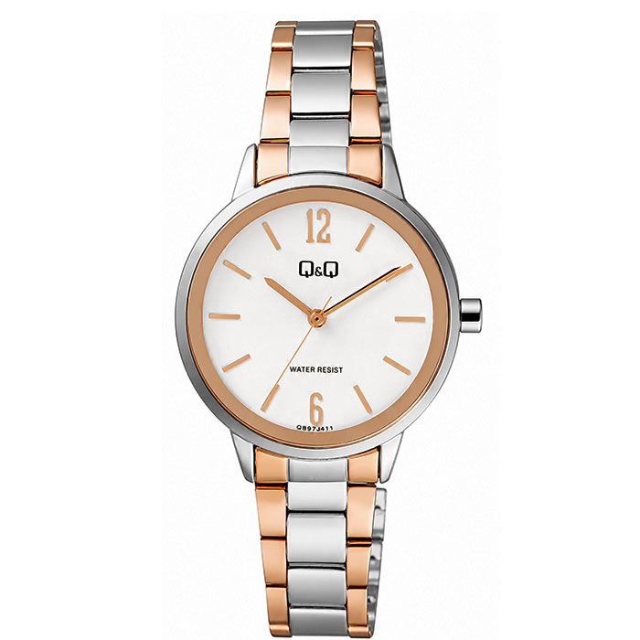 reloj qq qb97 pulsera bicolor rosa plateado qb97j411y