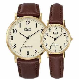 relojes C43A-004PY y C66A-001PY de pareja cuero marrón y fondo dorado