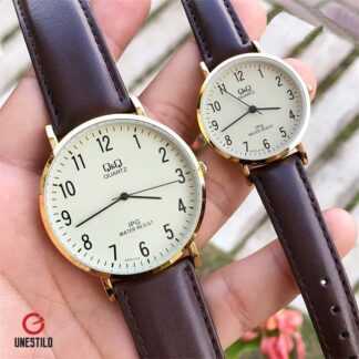 set relojes qq QZ02J103Y QZ03J103Y de pareja con correa de cuero color marrón